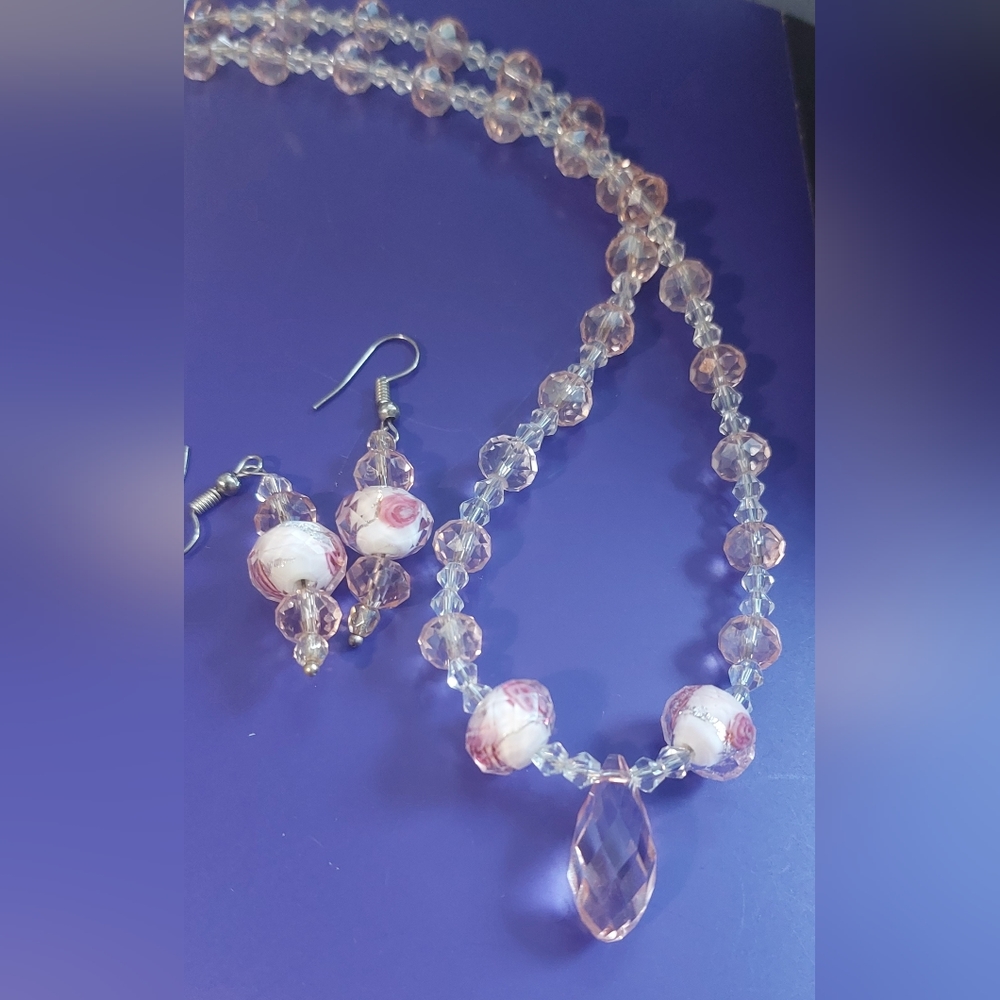 Pink and white glass crystal necklace and earring set